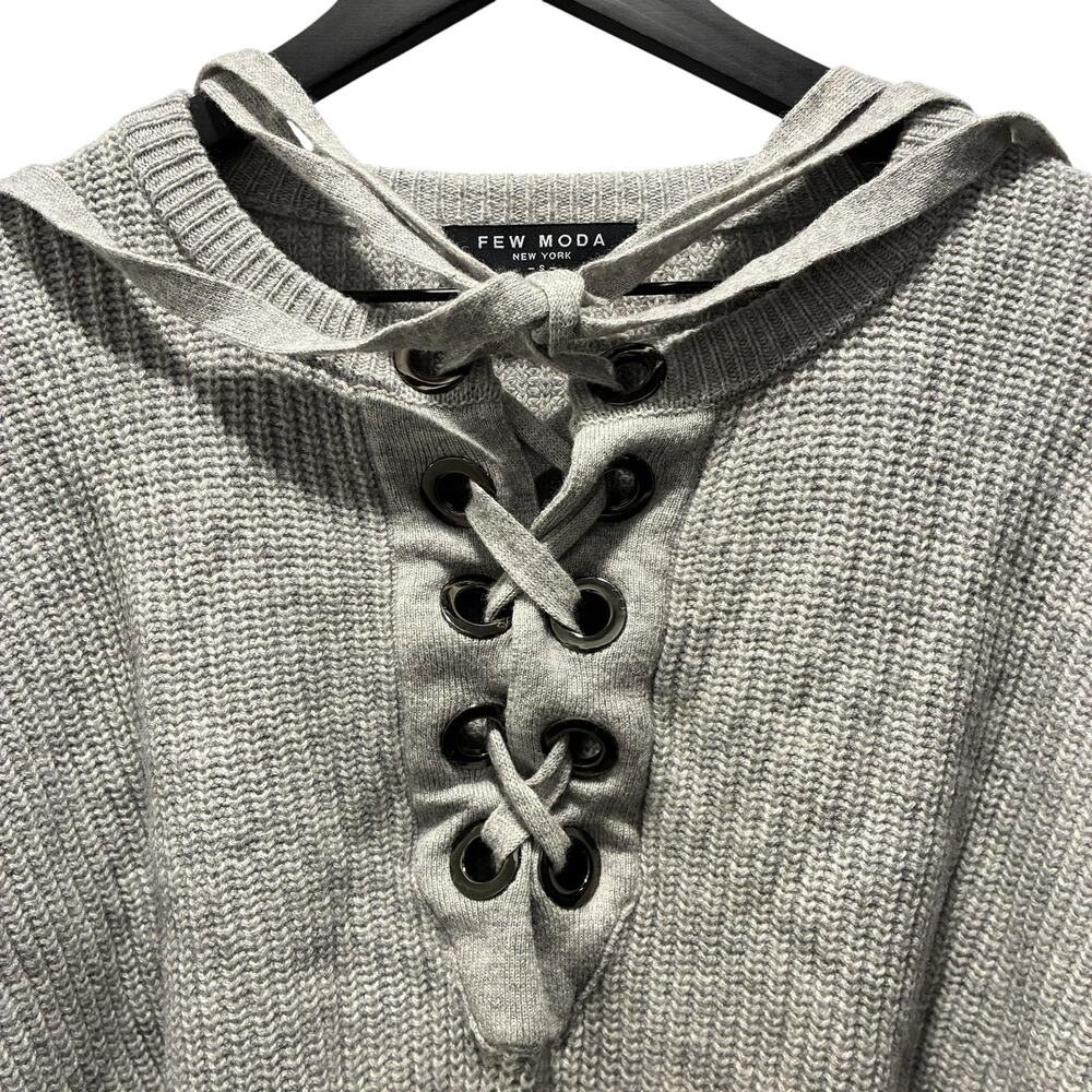 Few Moda New York Sweater Wool Blend Knit Lace Up Tie Front Gray Womens Small - Picture 3 of 8